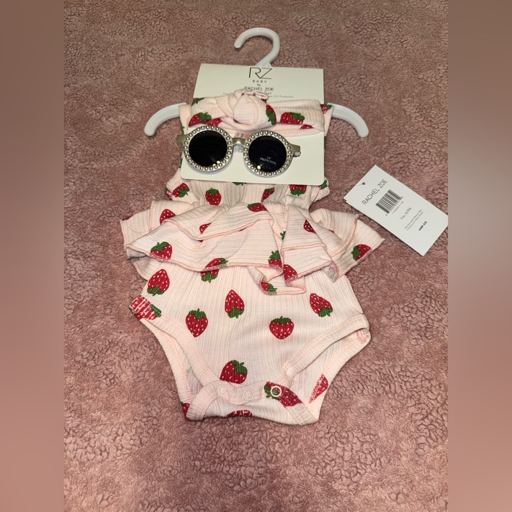 Rachel Zoe Pink Strawberry Print Baby 3 piece set